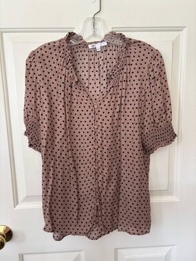 DR2 Dusty Brown Polka Dot Ruffle V-Neck Blouse